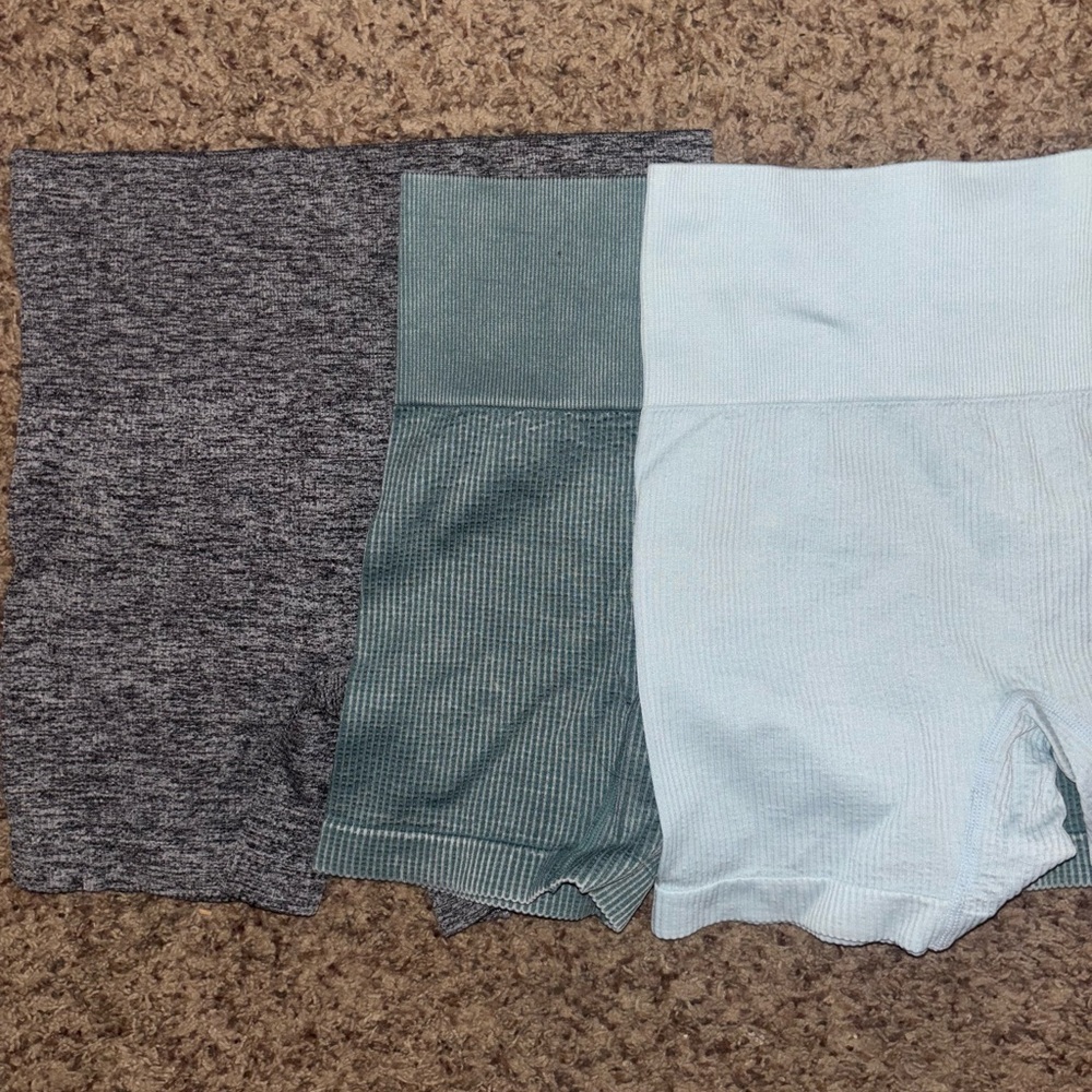 High-Waisted Ribbed Biker Shorts - Gray, Green, Light Blue